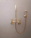 Unlacquered Brass Wall Mount Kitchen Faucet with Sprayer – Cross Handles, 8" Spout
