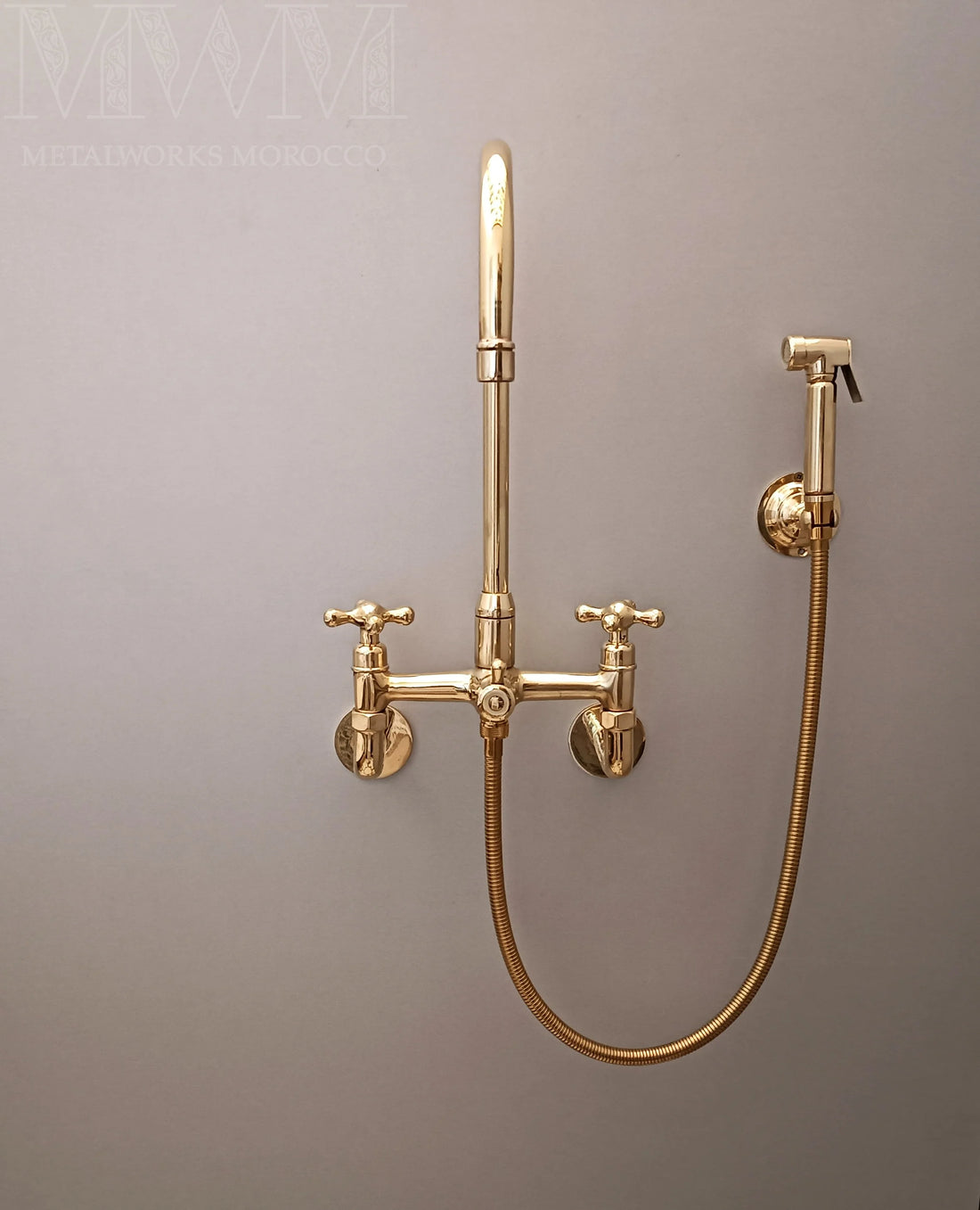 Unlacquered Brass Wall Mount Kitchen Faucet with Sprayer – Cross Handles, 8" Spout