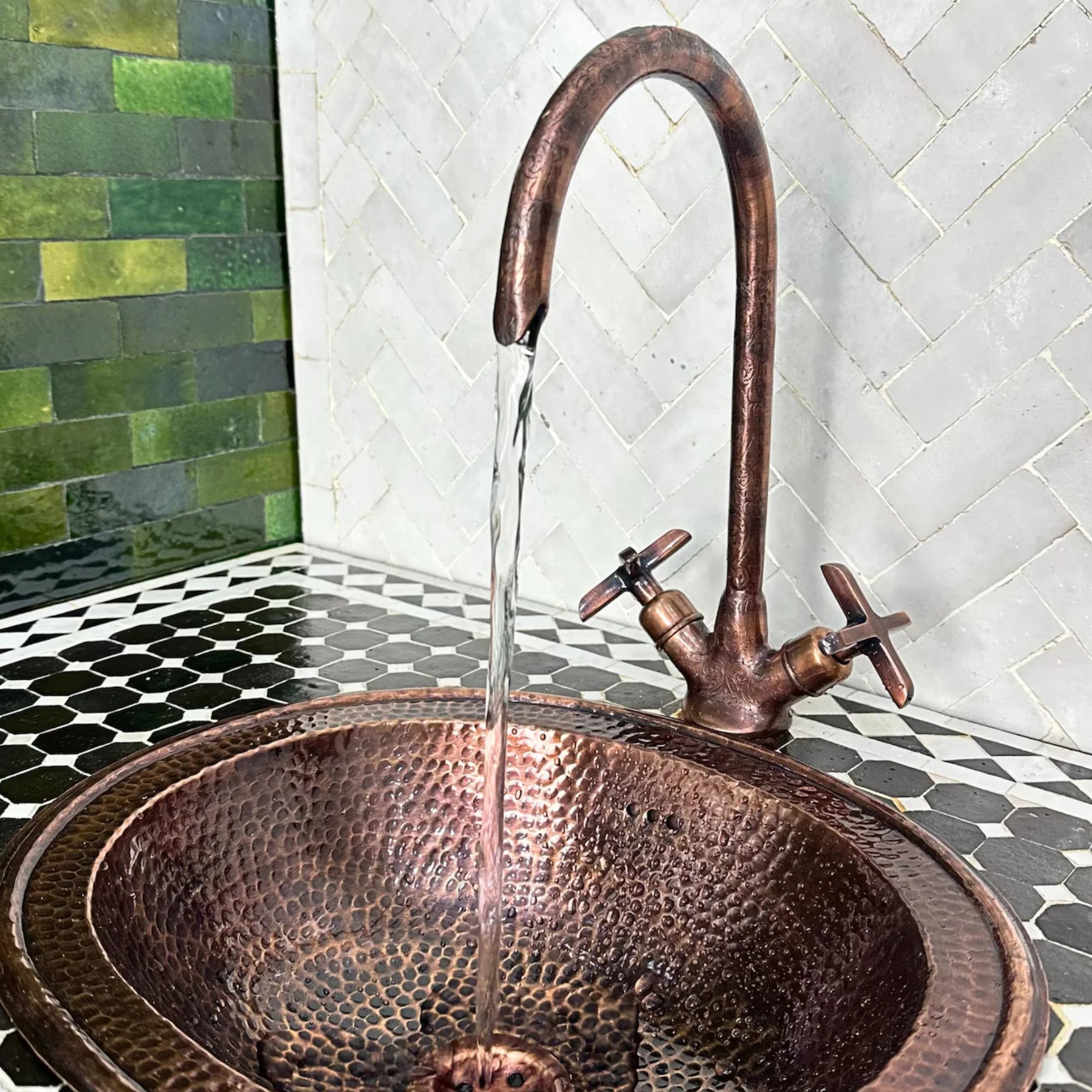 Hand-Engraved Copper Gooseneck Bathroom Faucet – Moroccan Artisan, Single Hole