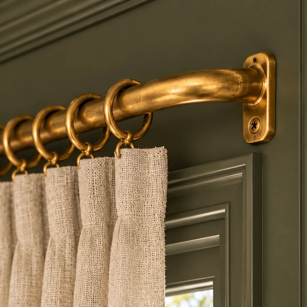 Unlacquered brass French return curtain rod with rings installed above window