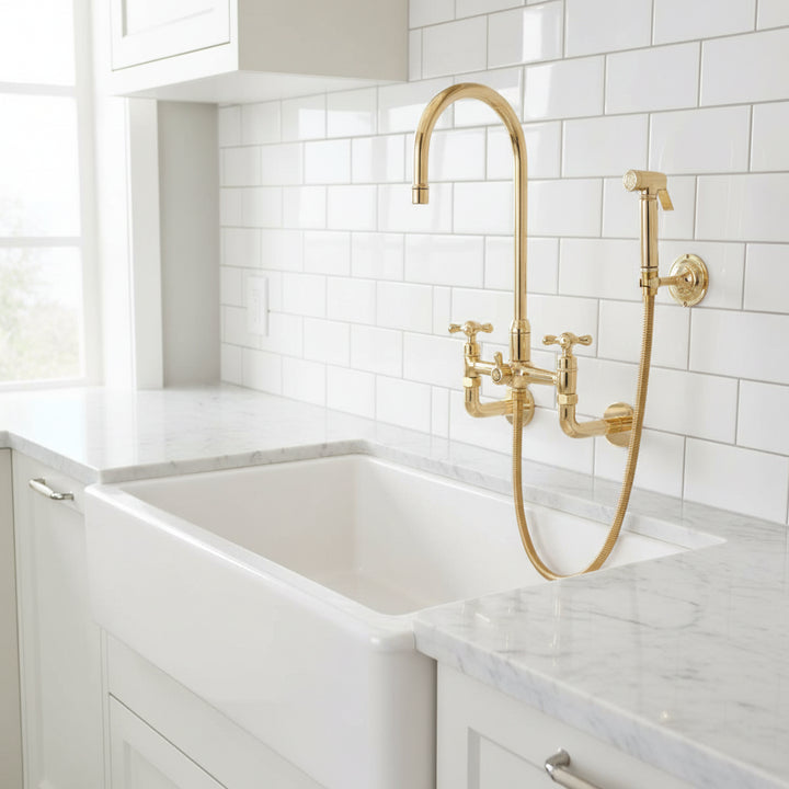 Unlacquered Brass Wall Mount Kitchen Faucet with Sprayer – Cross Handles, 8" Spout