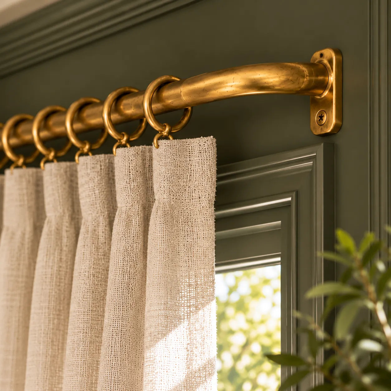 Unlacquered brass French return curtain rod with rings installed above window