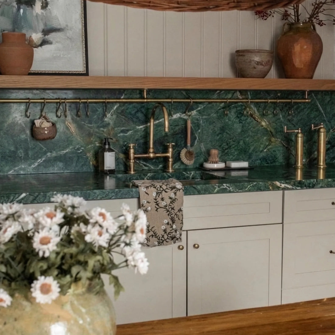 Unlacquered Brass Bridge Kitchen Faucet – Ball Center, 18" Tall, 8" Spread