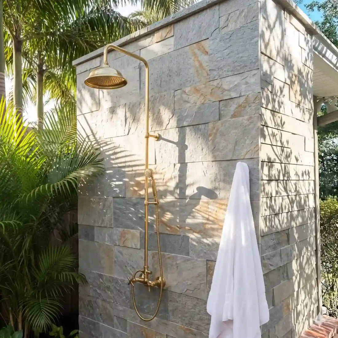 Unlacquered Brass Outdoor Shower with Handheld, Handmade Solid Brass Shower System