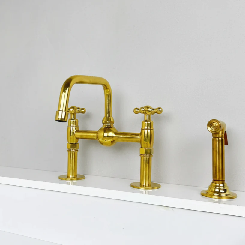 Unlacquered Brass Bridge Kitchen Faucet – Low Profile 9.5", 10" Spout