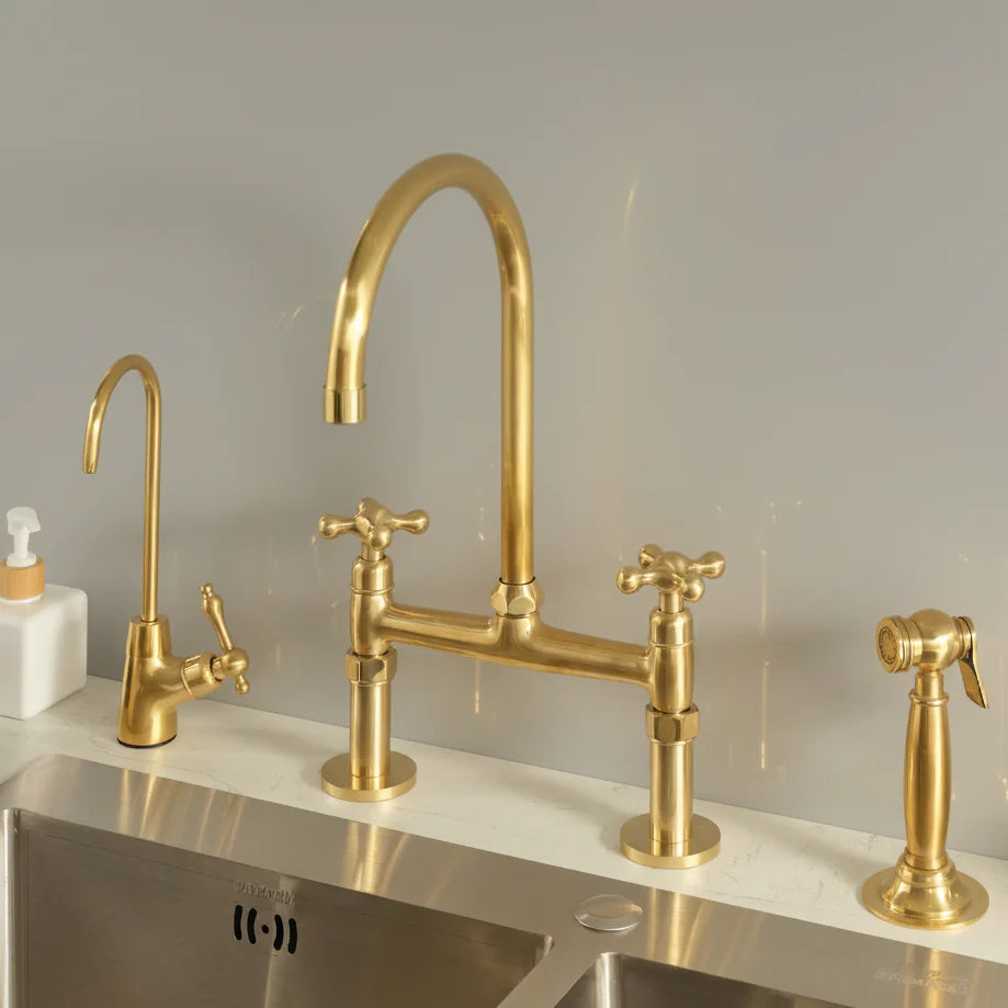 Unlacquered Brass Bridge Kitchen Faucet – Tall 17.5", Optional Sprayer & Cold Tap

