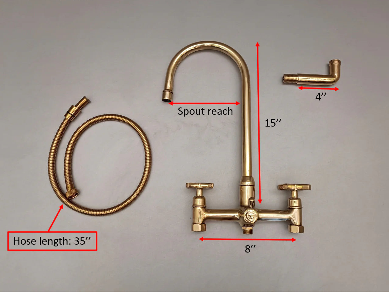 Unlacquered Brass Wall Mount Kitchen Faucet with Sprayer – Cross Handles, 8" Spout