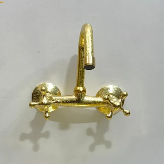 Engraved Brass Wall-Mounted Kitchen Faucet – Vintage Style