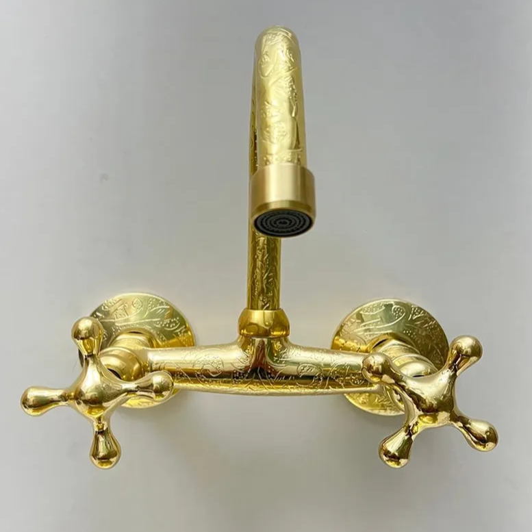 Engraved Brass Wall-Mounted Kitchen Faucet – Vintage Style