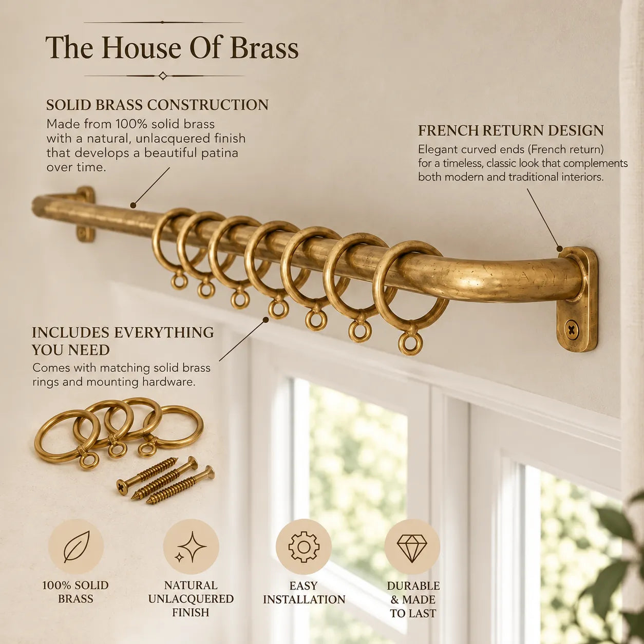 Unlacquered brass French return curtain rod with rings installed above window