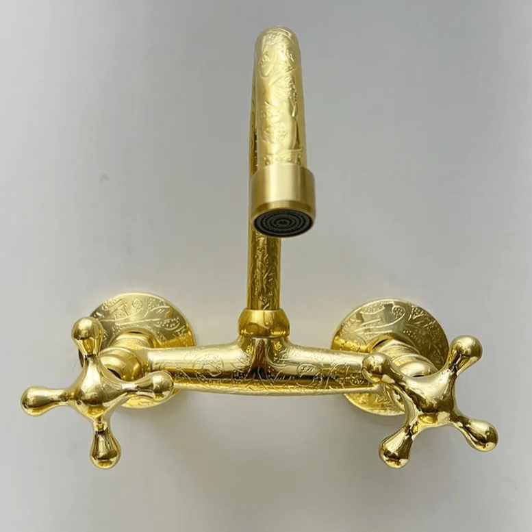 Engraved Brass Wall-Mounted Kitchen Faucet – Vintage Style - The House Of Brass