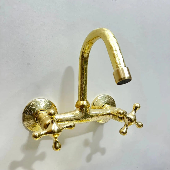 Engraved Brass Wall-Mounted Kitchen Faucet – Vintage Style - The House Of Brass