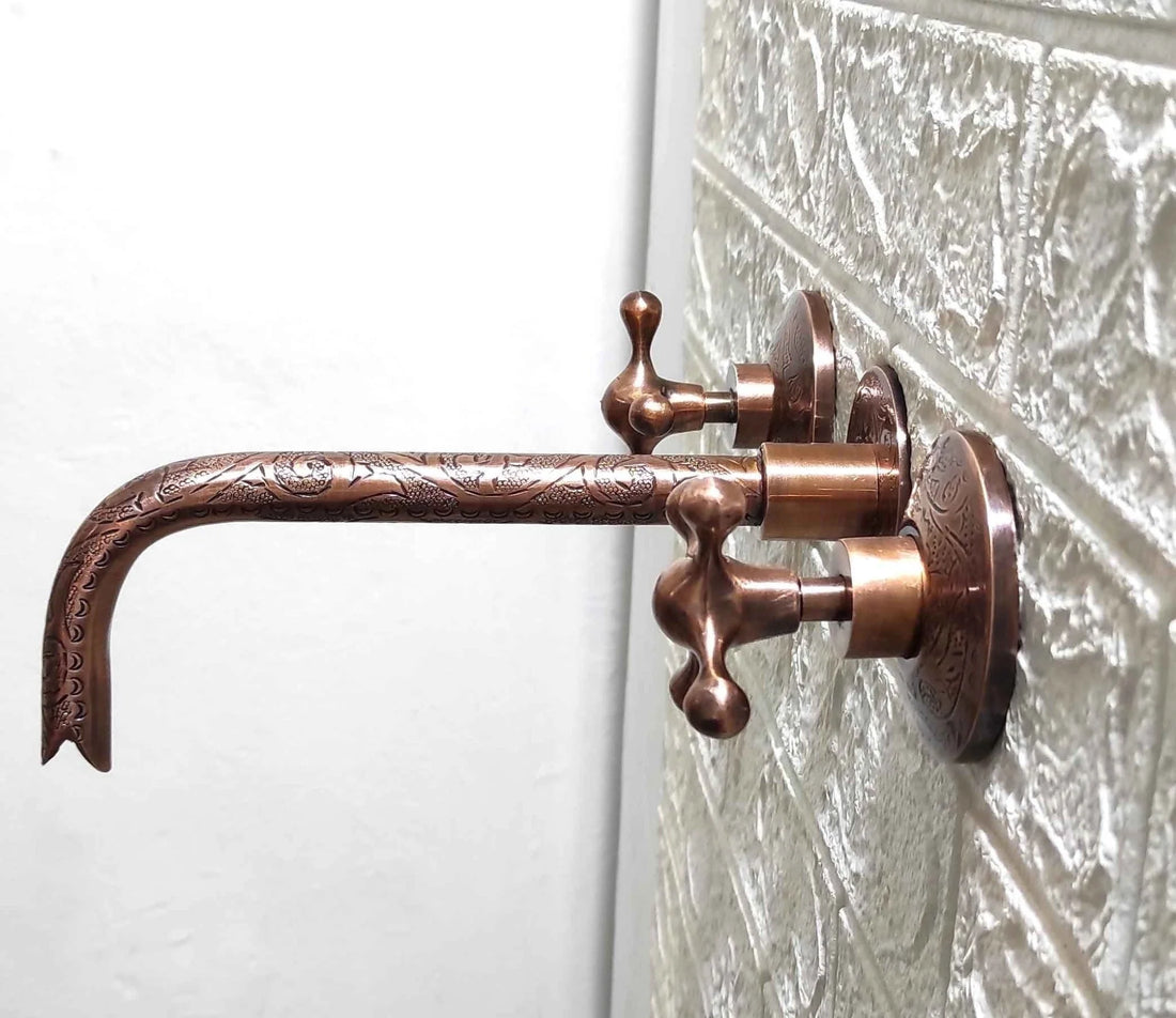 Handcrafted Engraved Copper Wall Mounted Faucet