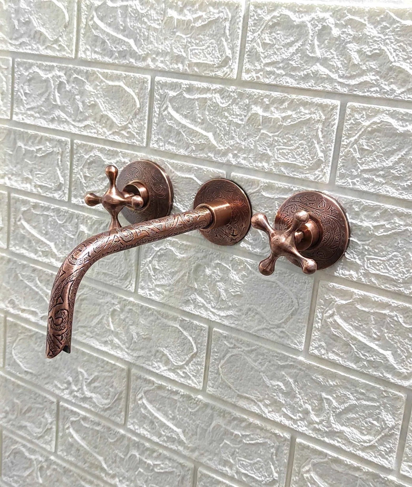 Handcrafted Engraved Copper Wall Mounted Faucet