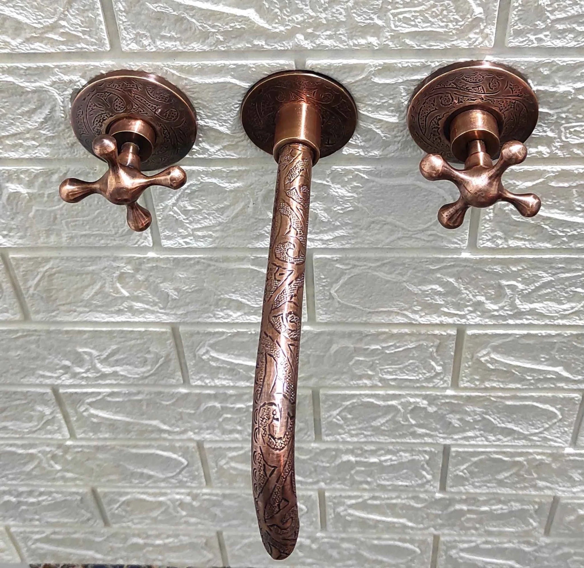 Handcrafted Engraved Copper Wall Mounted Faucet