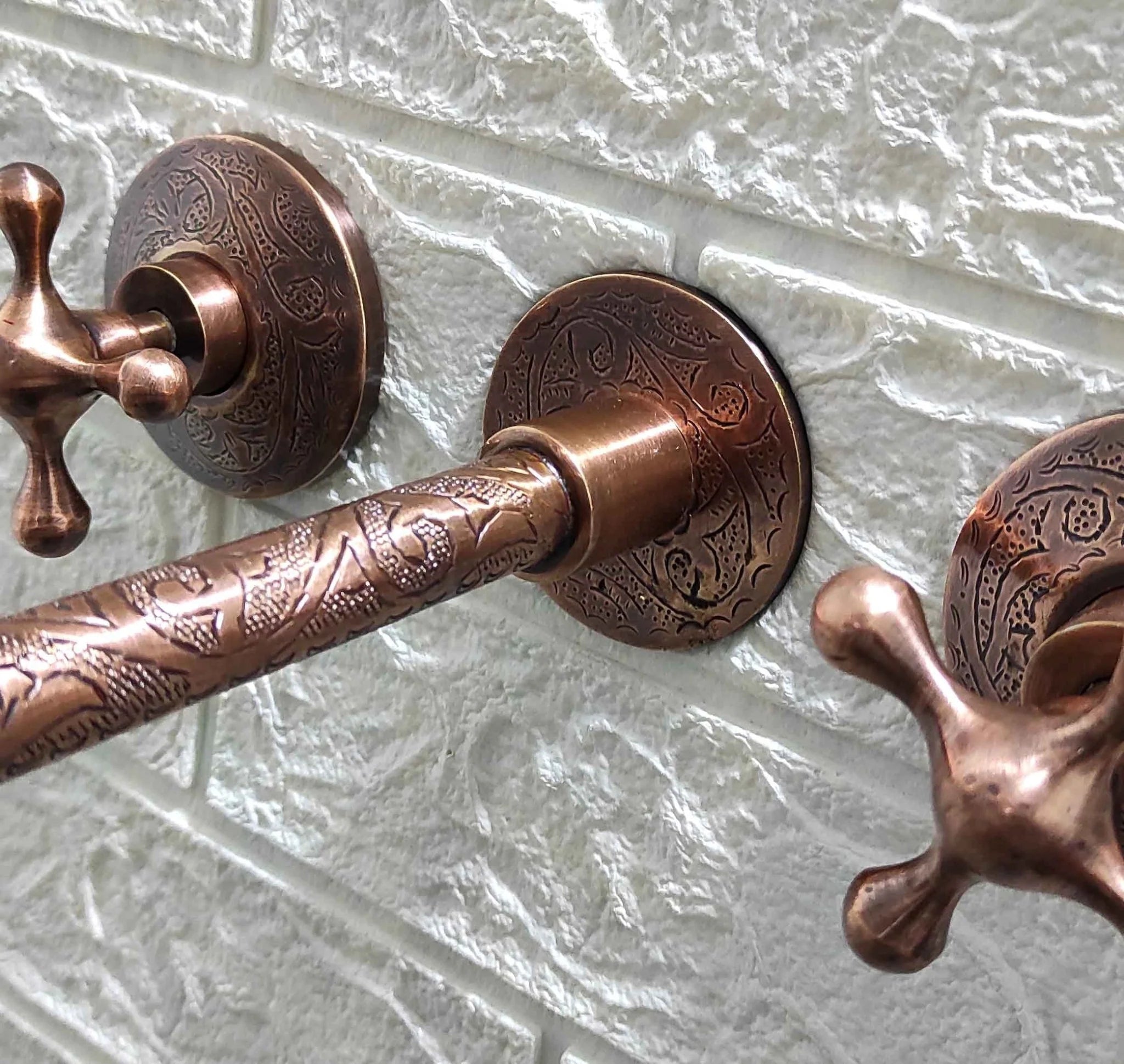 Handcrafted Engraved Copper Wall Mounted Faucet