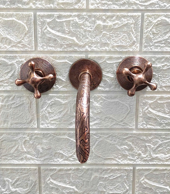 Handcrafted Engraved Copper Wall Mounted Faucet