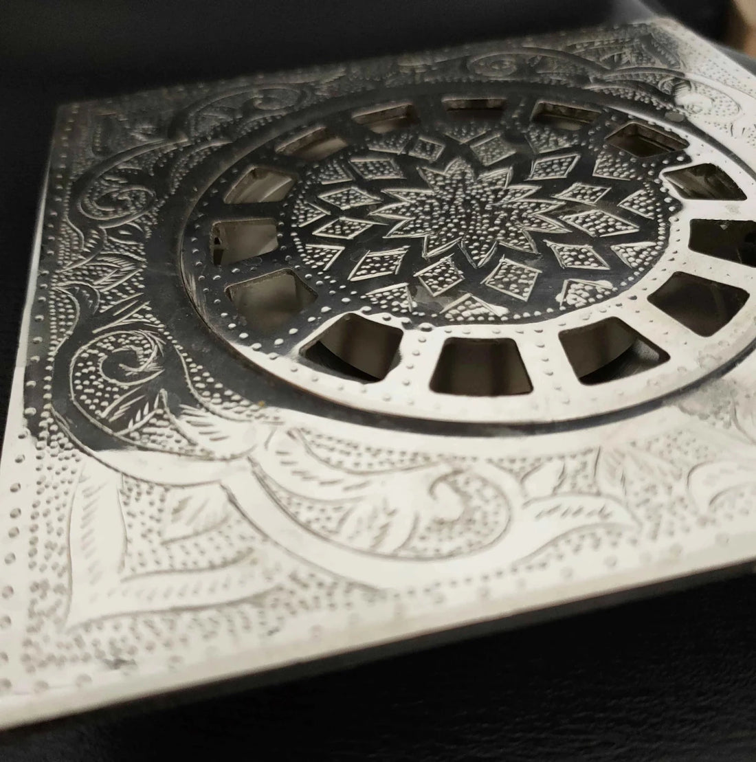Engraved Silver Floor drain - The House Of Brass