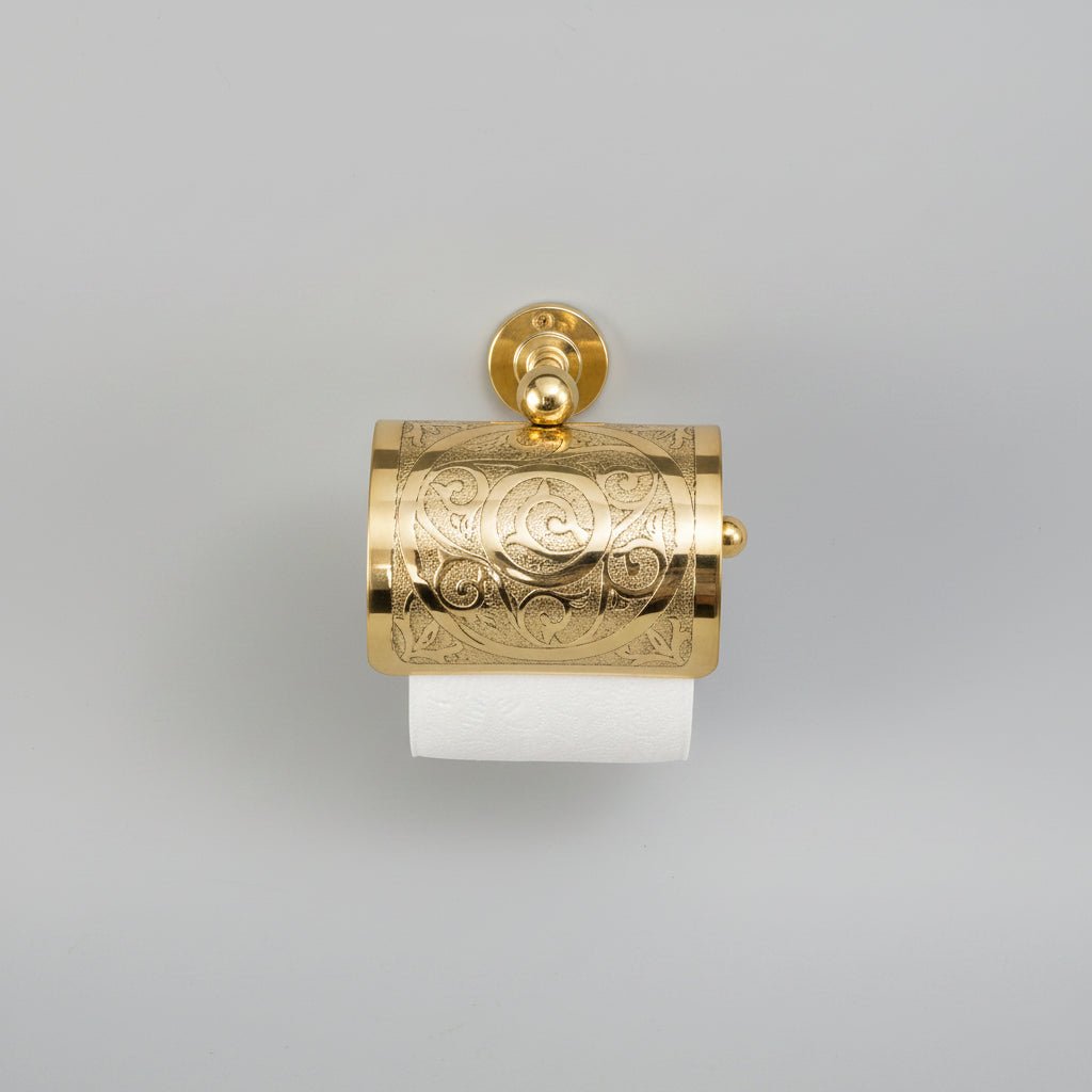 Engraved Solid Brass Toilet Paper Holder – Wall Mounted Unlacquered Brass Bathroom Accessory - The House Of Brass