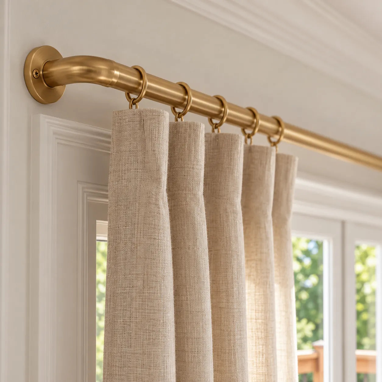 Unlacquered brass French return curtain rod installed above kitchen window
