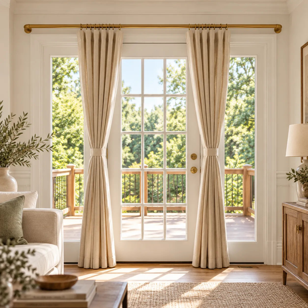 Unlacquered brass French return curtain rod installed above kitchen window