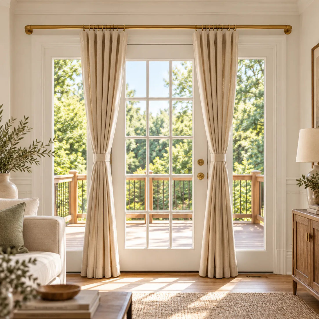 Unlacquered brass French return curtain rod installed above kitchen window