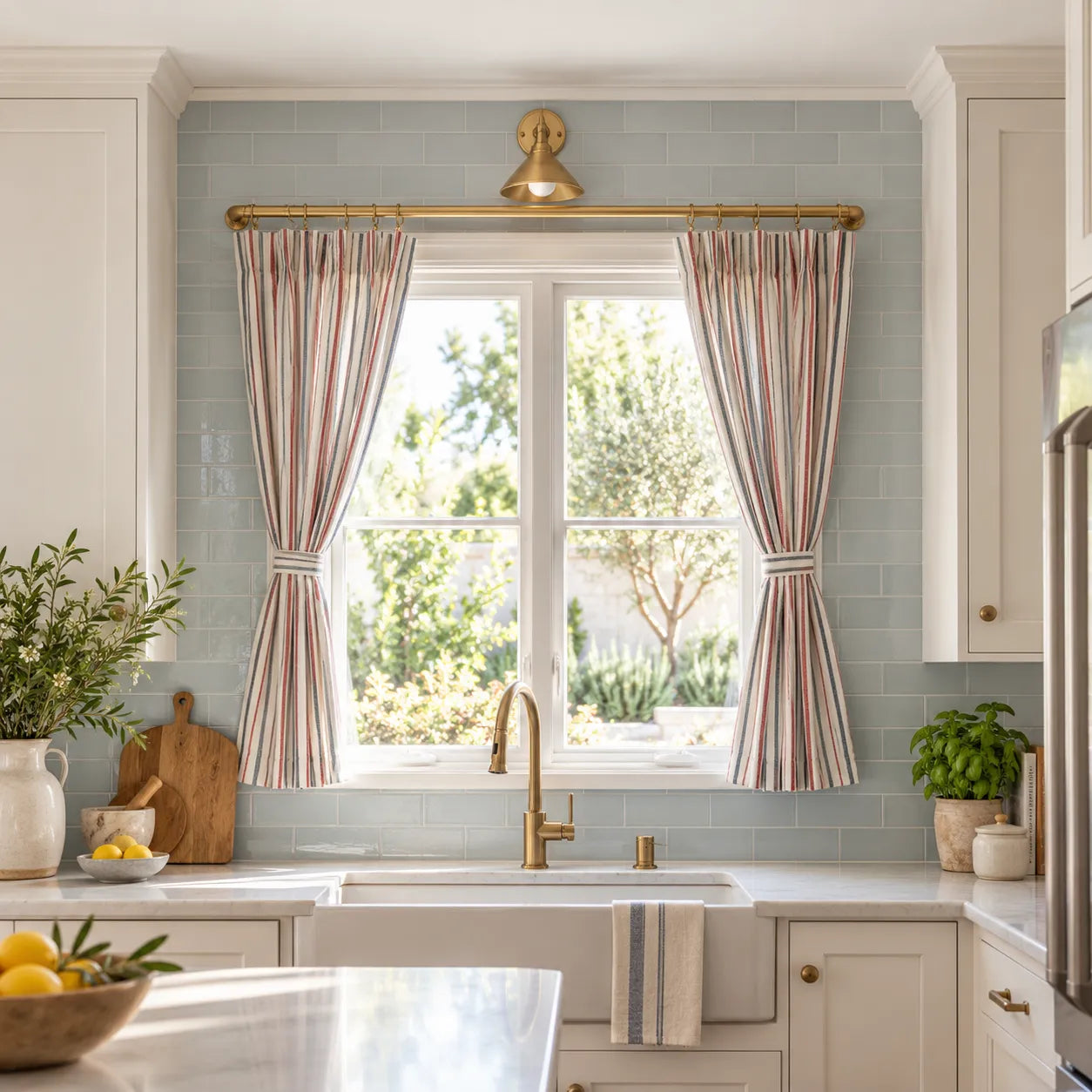 Unlacquered brass French return curtain rod installed above kitchen window