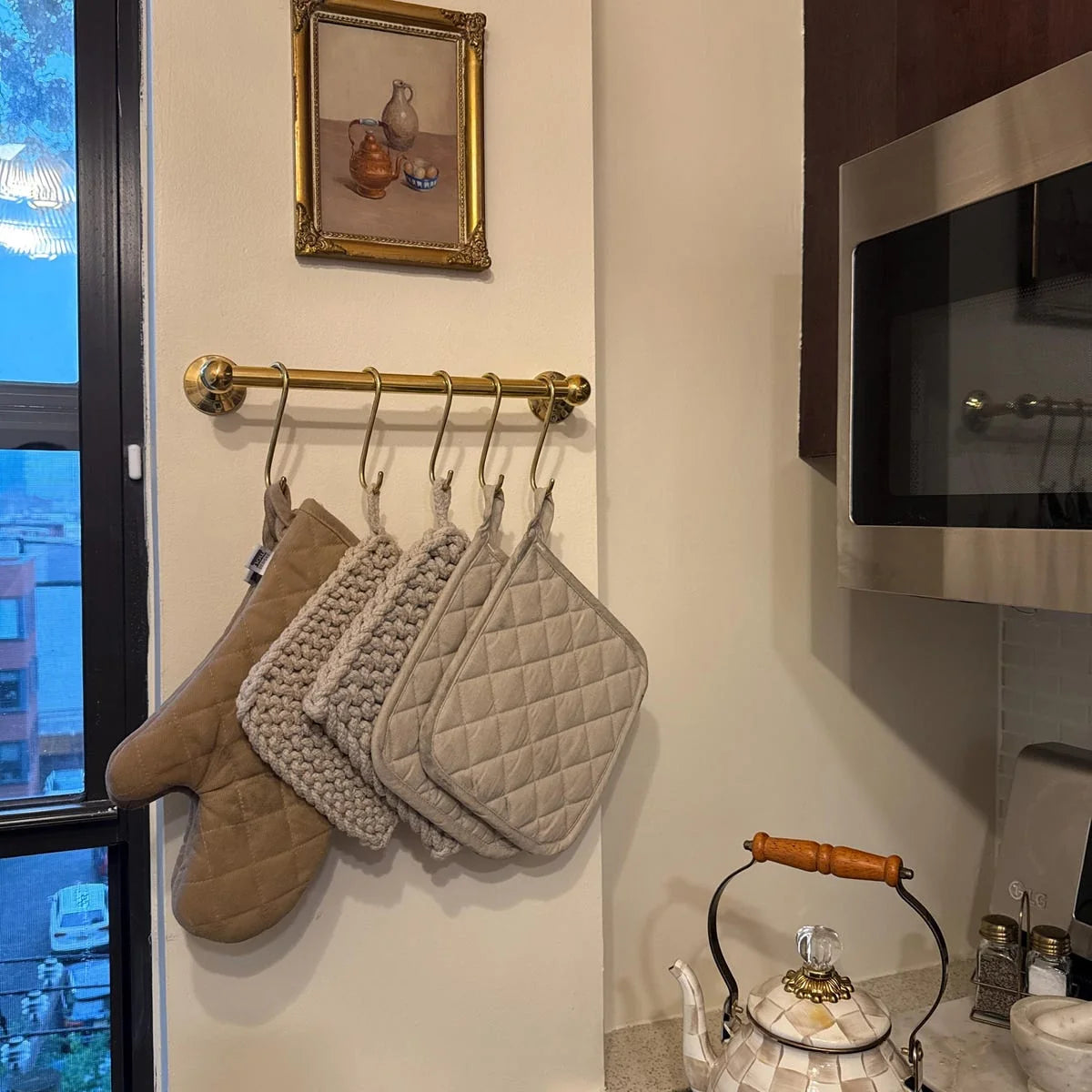 Unlacquered Brass Kitchen Rail – Pot Holder, Oven Mitt & Towel Rack