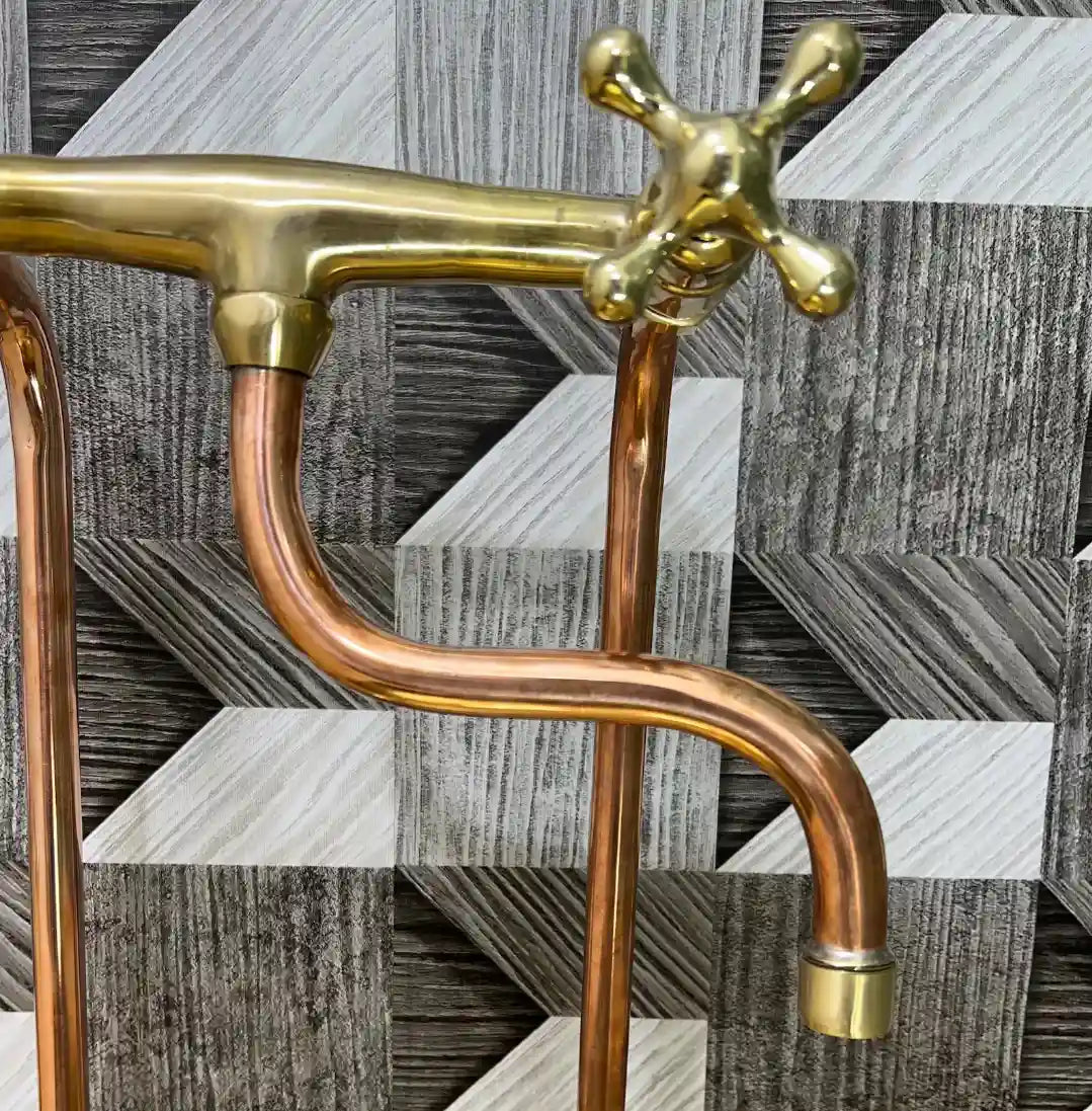Unlacquered Brass & Solid Copper Antique Kitchen Faucet – Bridge Faucet with Long Legs & Cross Handles