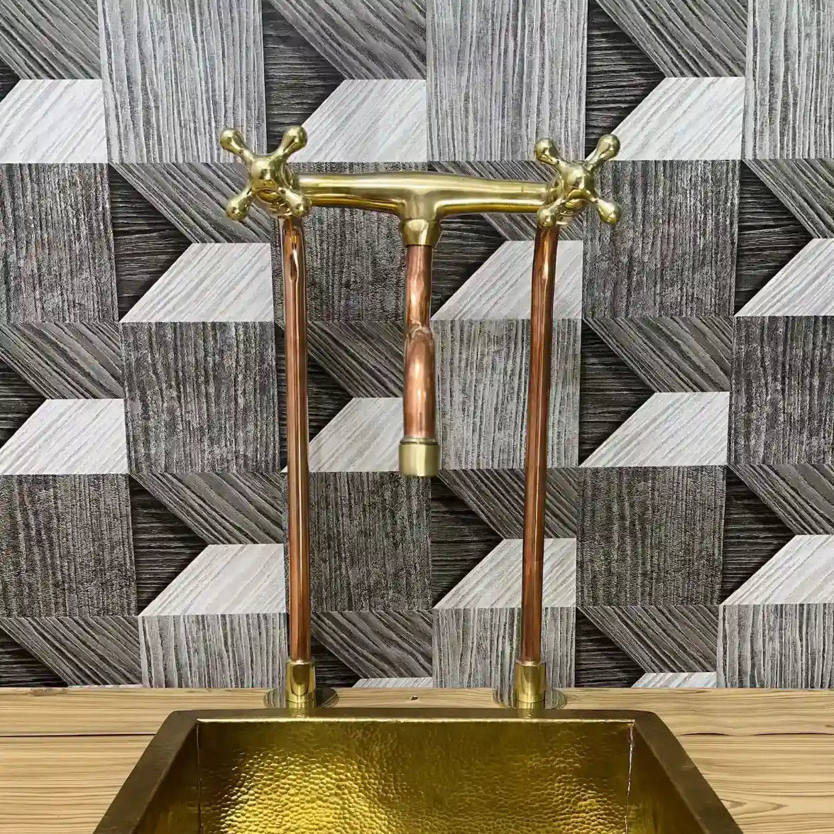 Unlacquered Brass & Solid Copper Antique Kitchen Faucet – Bridge Faucet with Long Legs & Cross Handles