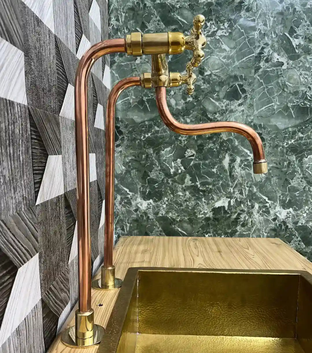 Unlacquered Brass & Solid Copper Antique Kitchen Faucet – Bridge Faucet with Long Legs & Cross Handles