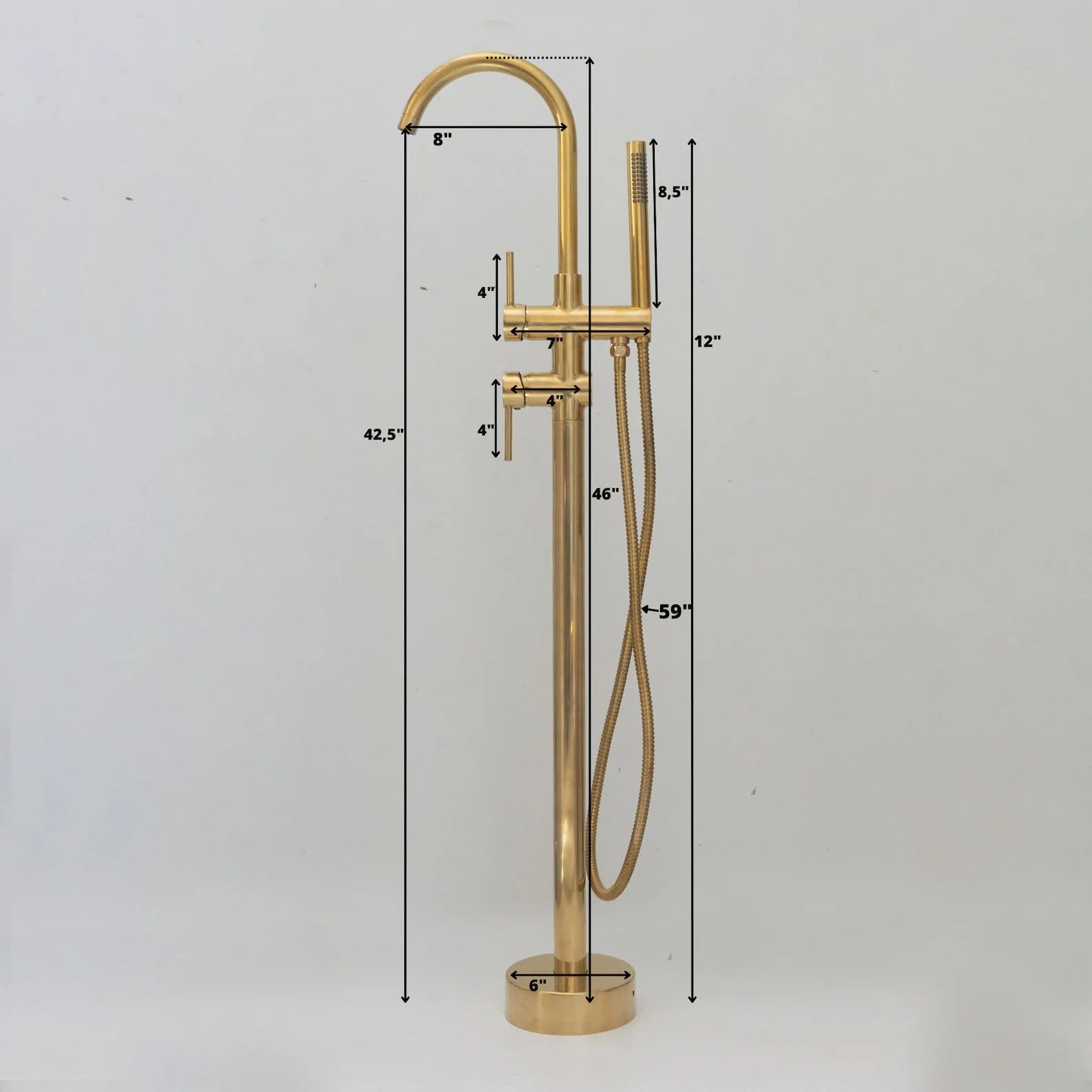 Unlacquered brass freestanding tub filler with hand shower