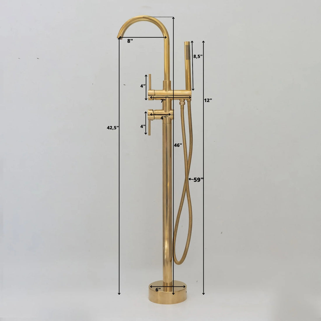 Unlacquered brass freestanding tub filler with hand shower