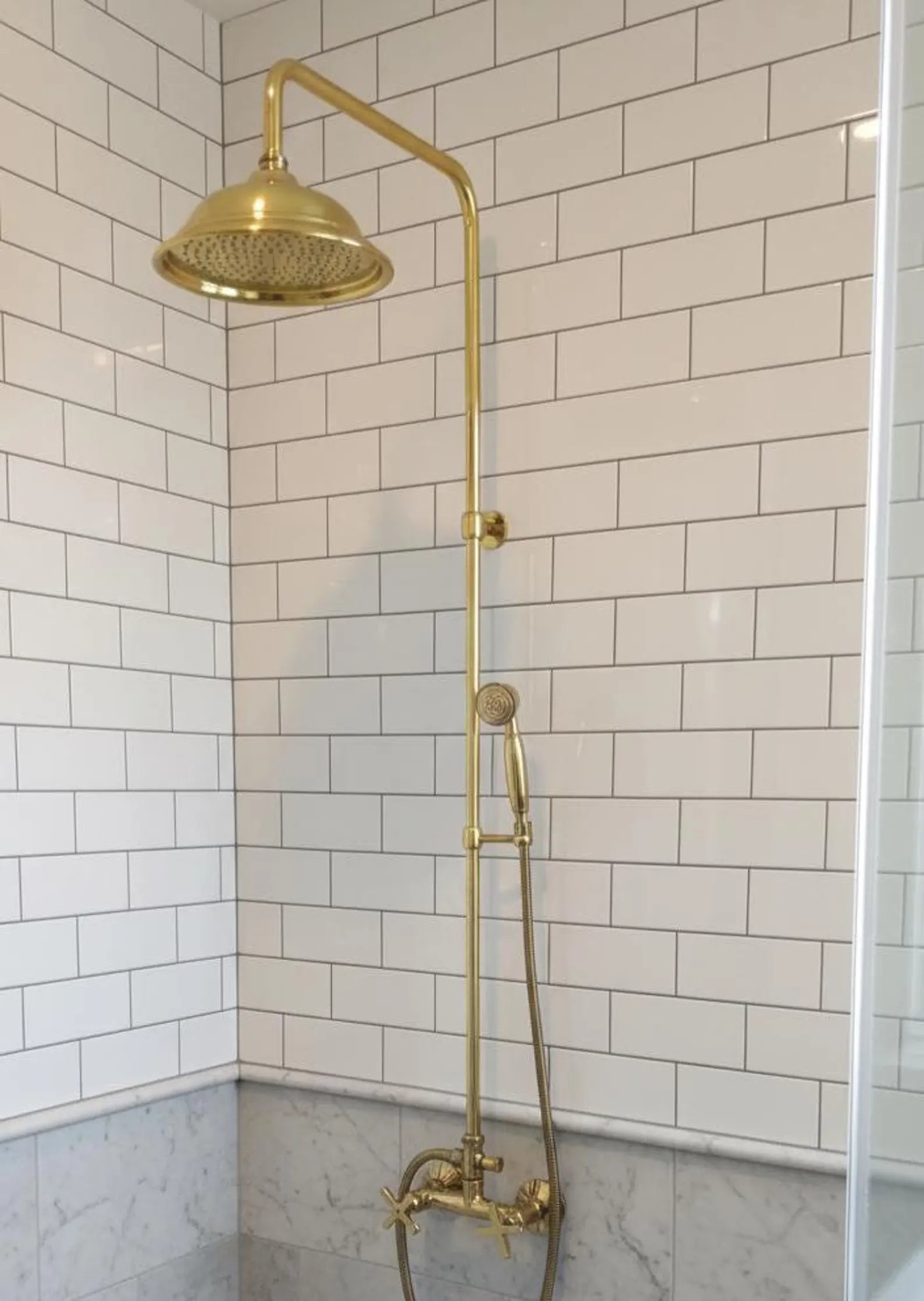 Unlacquered Brass Outdoor Shower with Handheld, Handmade Solid Brass Shower System
