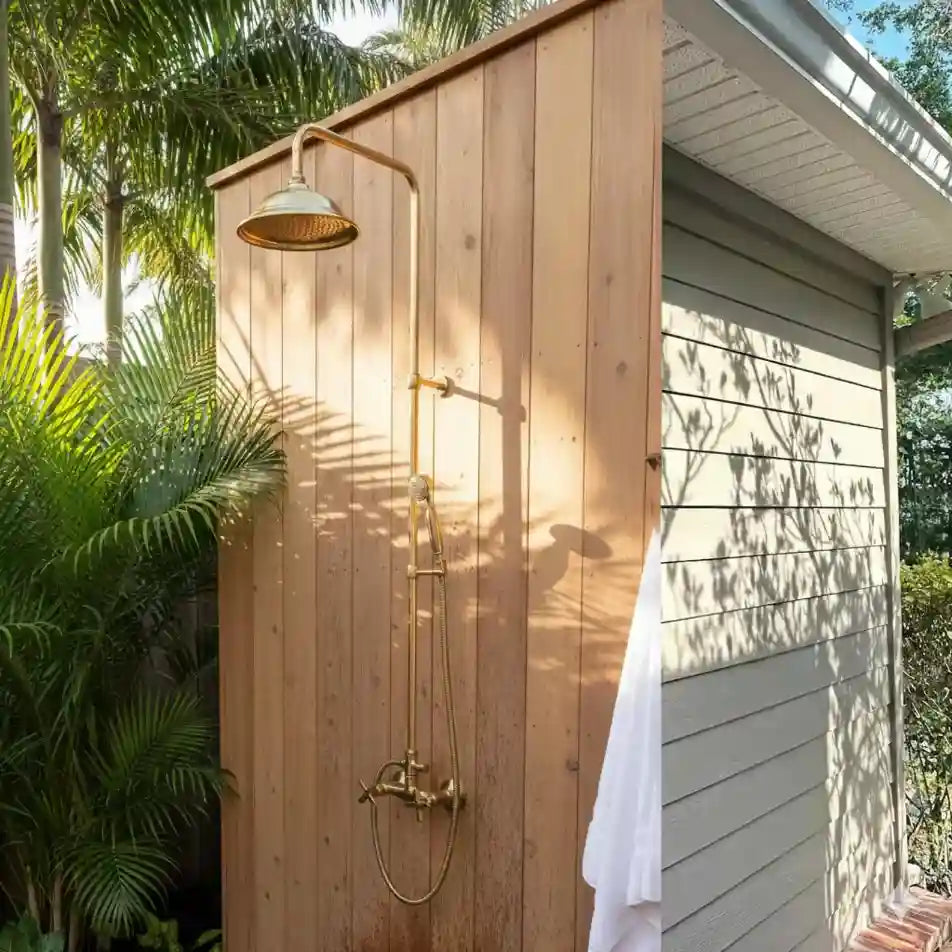 Unlacquered Brass Outdoor Shower with Handheld, Handmade Solid Brass Shower System