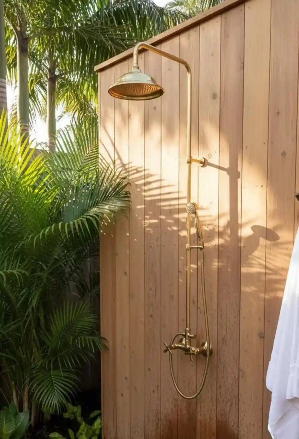 Unlacquered Brass Outdoor Shower with Handheld, Handmade Solid Brass Shower System
