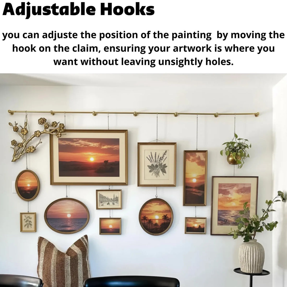 Unlacquered brass picture rail hanging kit for gallery wall display