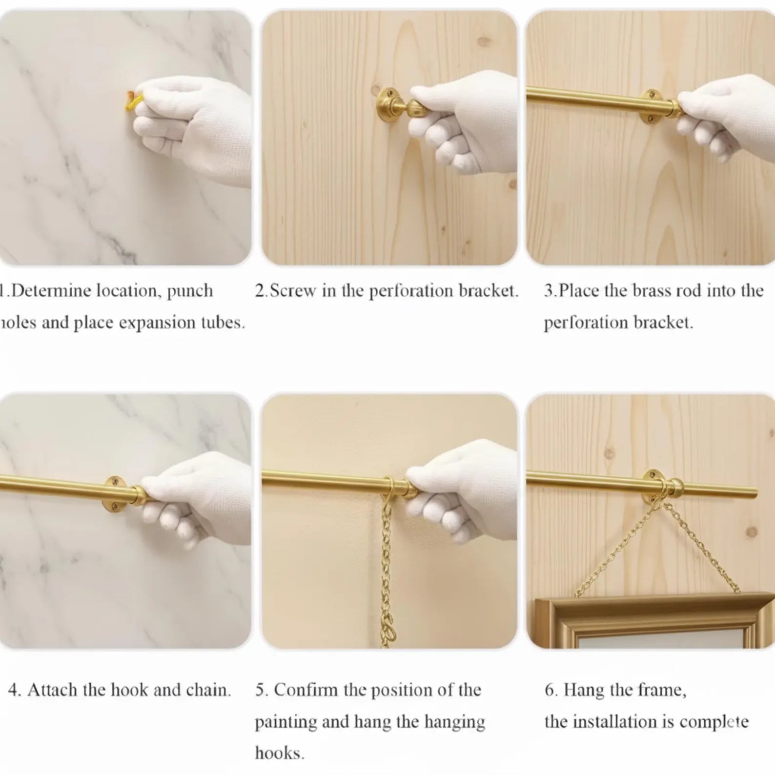 Unlacquered brass picture rail hanging kit for gallery wall display