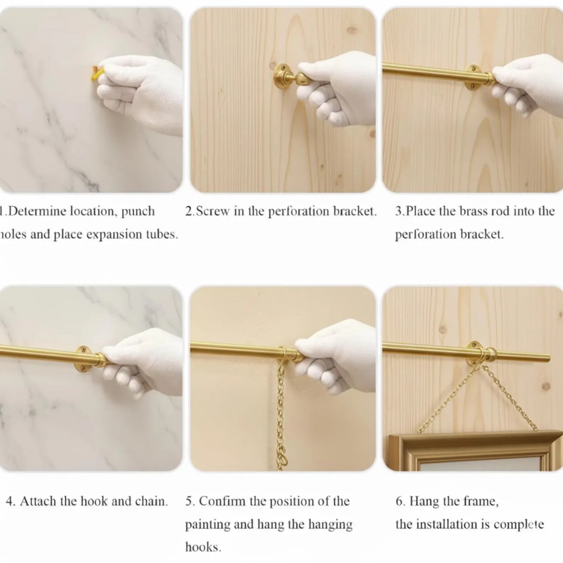 Unlacquered brass picture rail hanging kit for gallery wall display