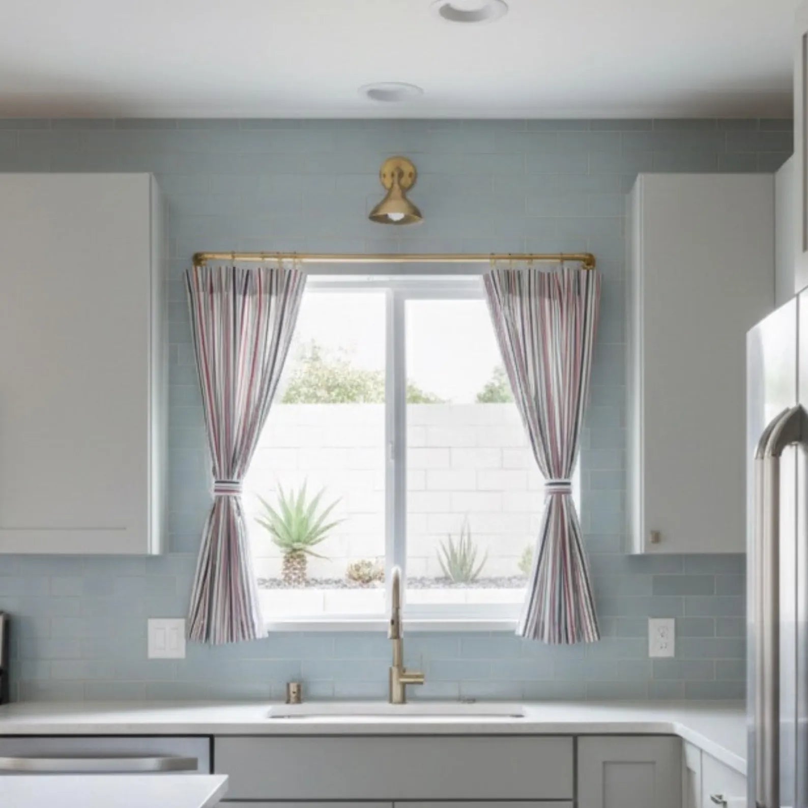 Unlacquered brass French return curtain rod installed above kitchen window