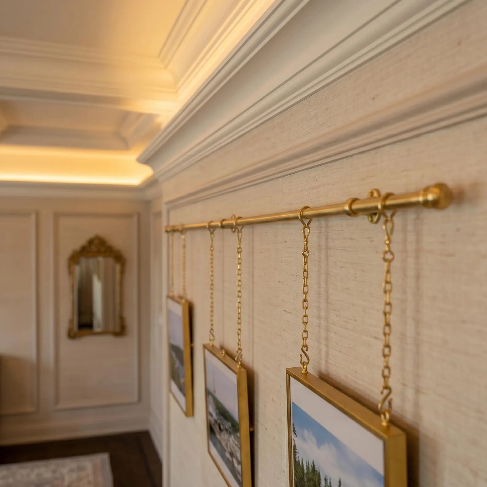 Unlacquered brass picture rail hanging kit for gallery wall display