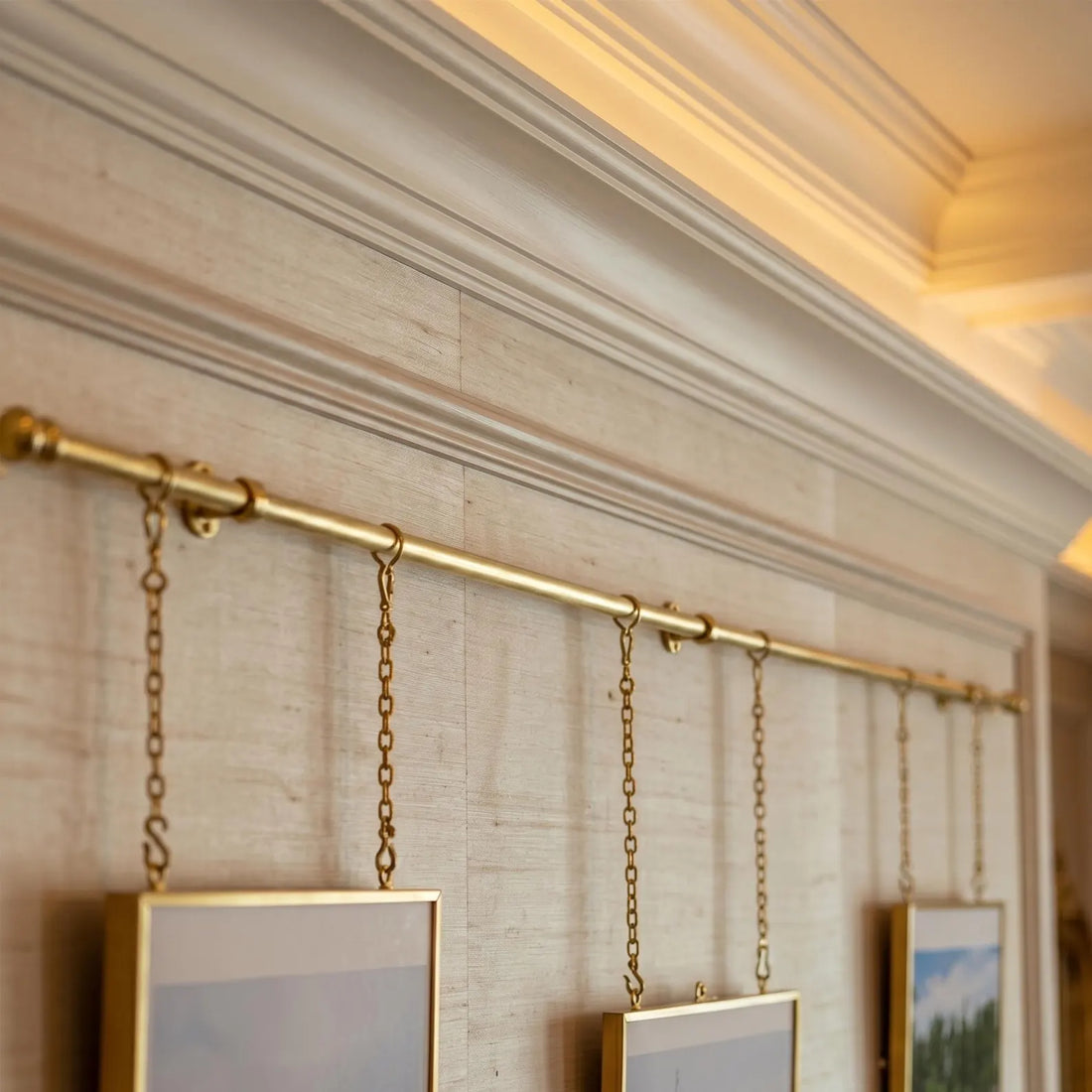 Unlacquered brass picture rail hanging kit for gallery wall display