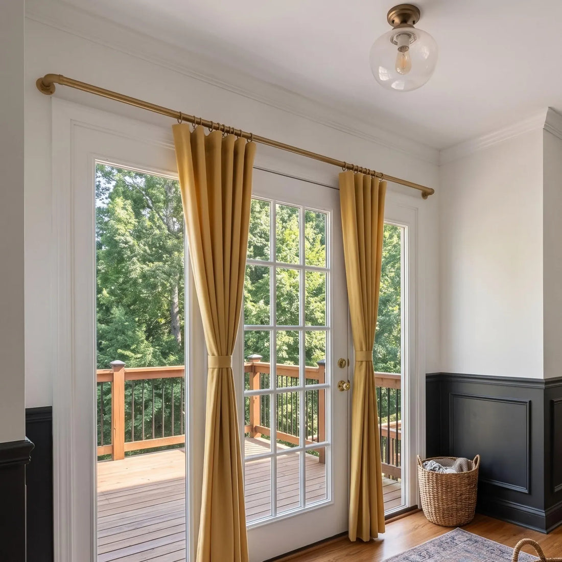 Unlacquered brass French return curtain rod installed above kitchen window