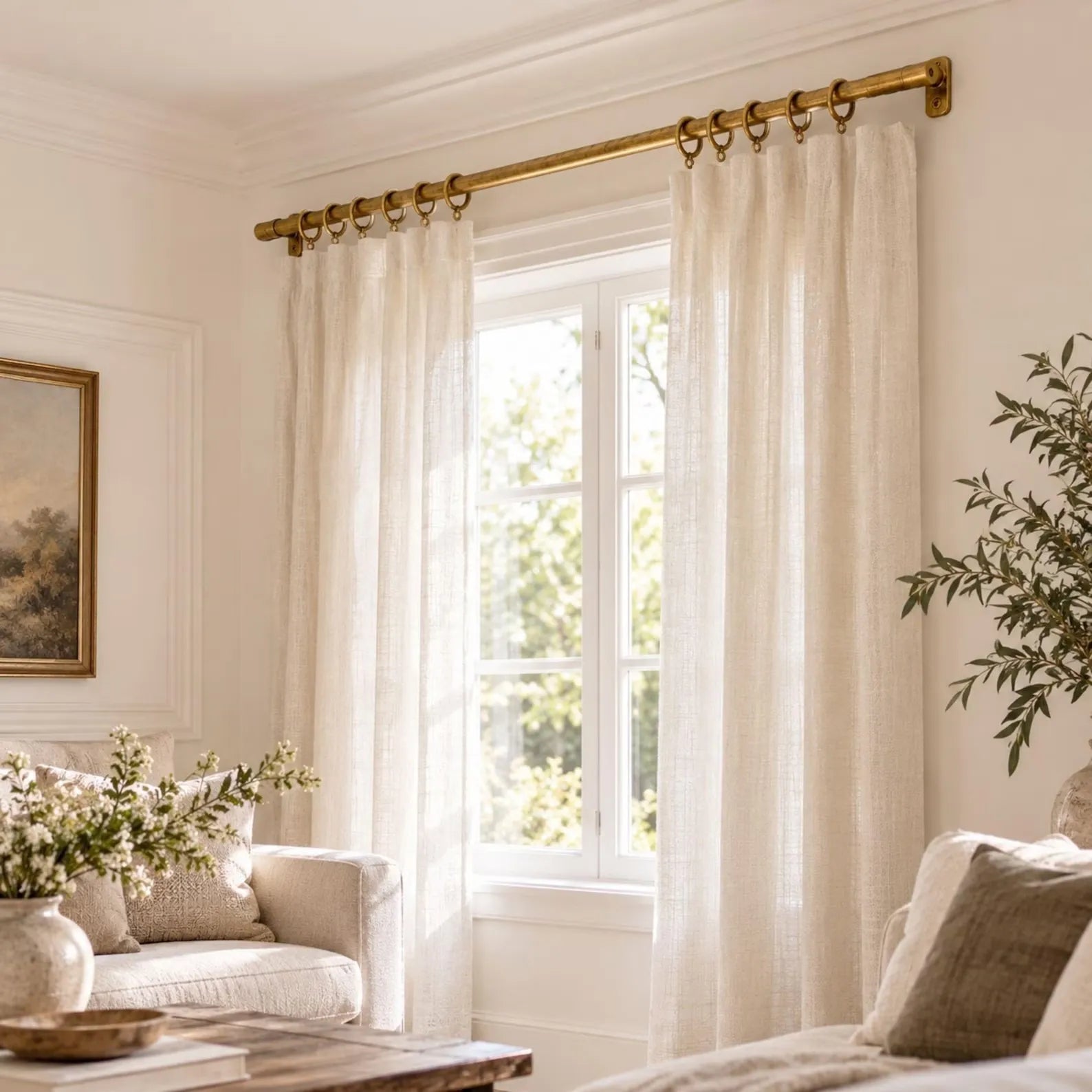 Unlacquered brass French return curtain rod with rings installed above window