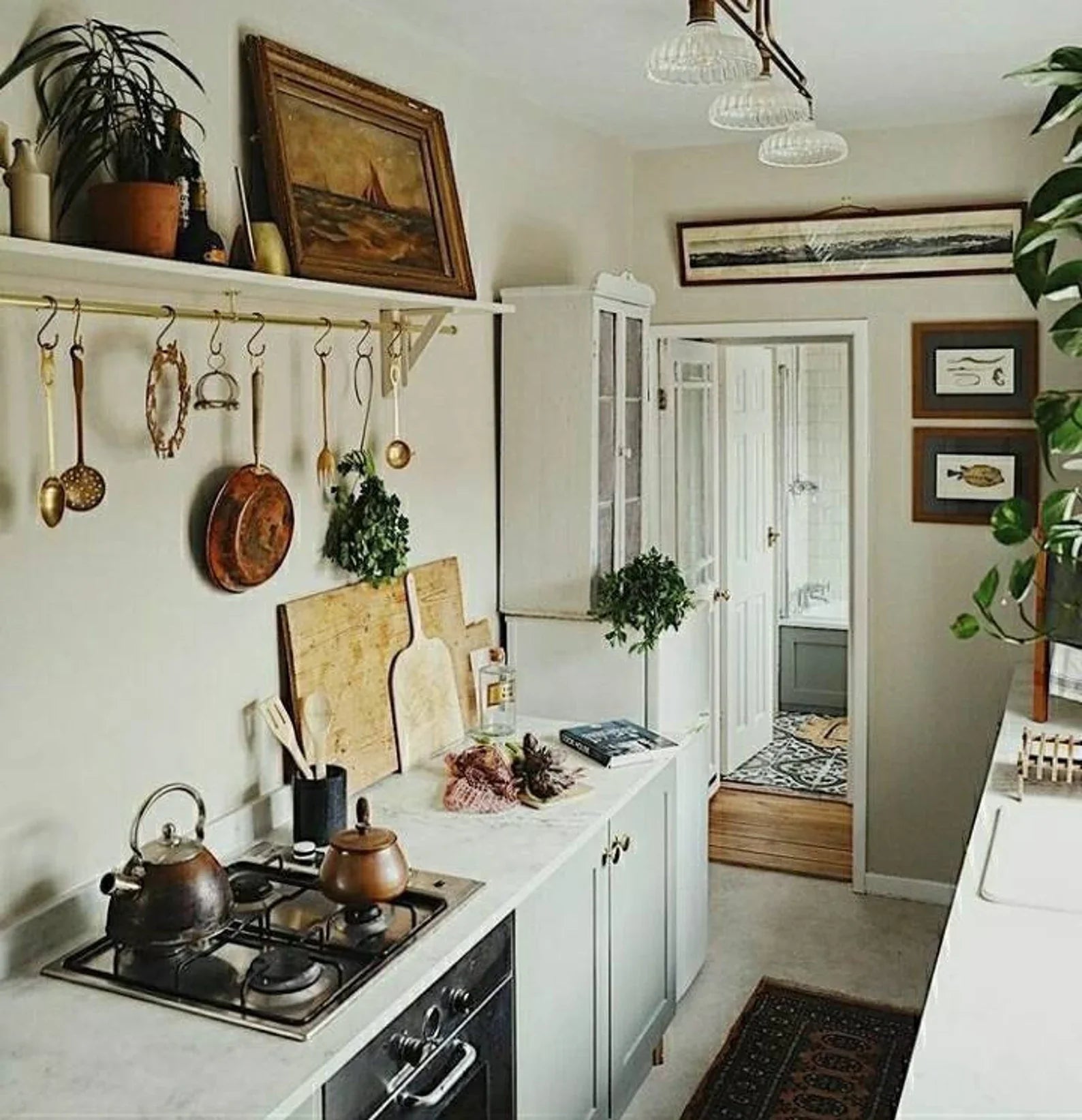 Unlacquered brass pot rack with solid brass S-hooks