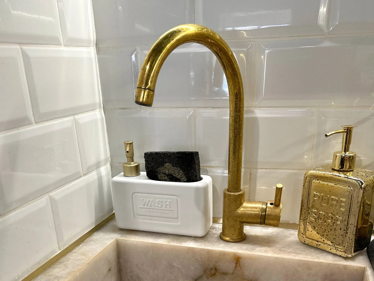 13.5 inch unlacquered brass kitchen faucet with 8 inch spout reach