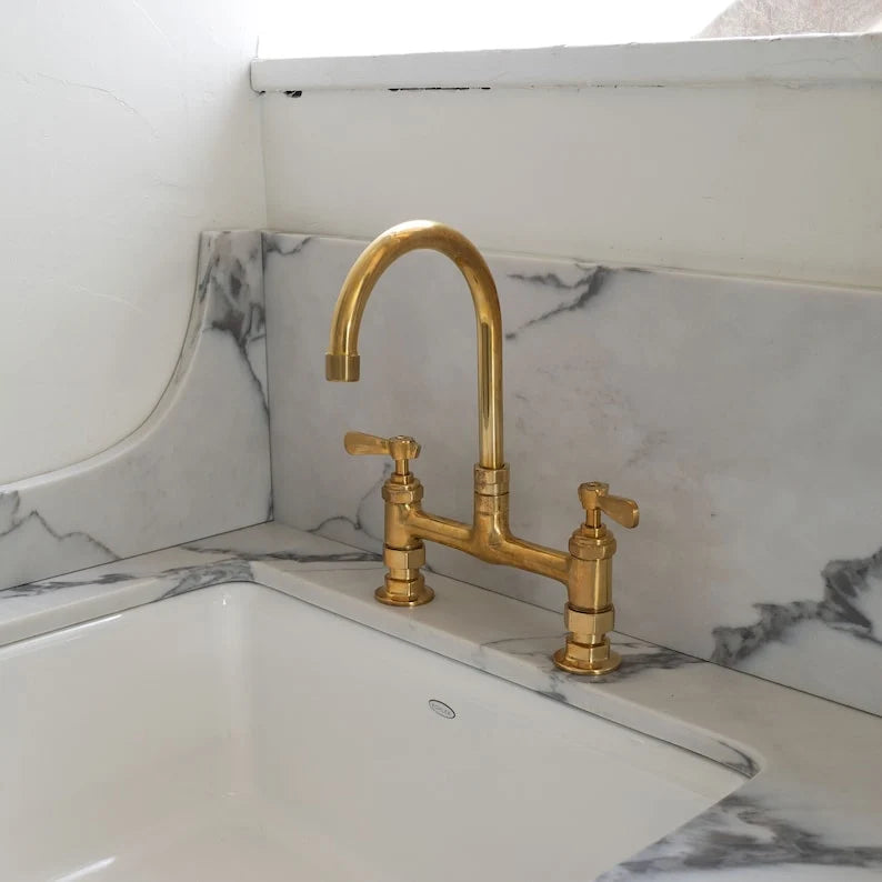 Unlacquered Brass Bridge Kitchen Faucet – Compact 12.5", 8" Spread