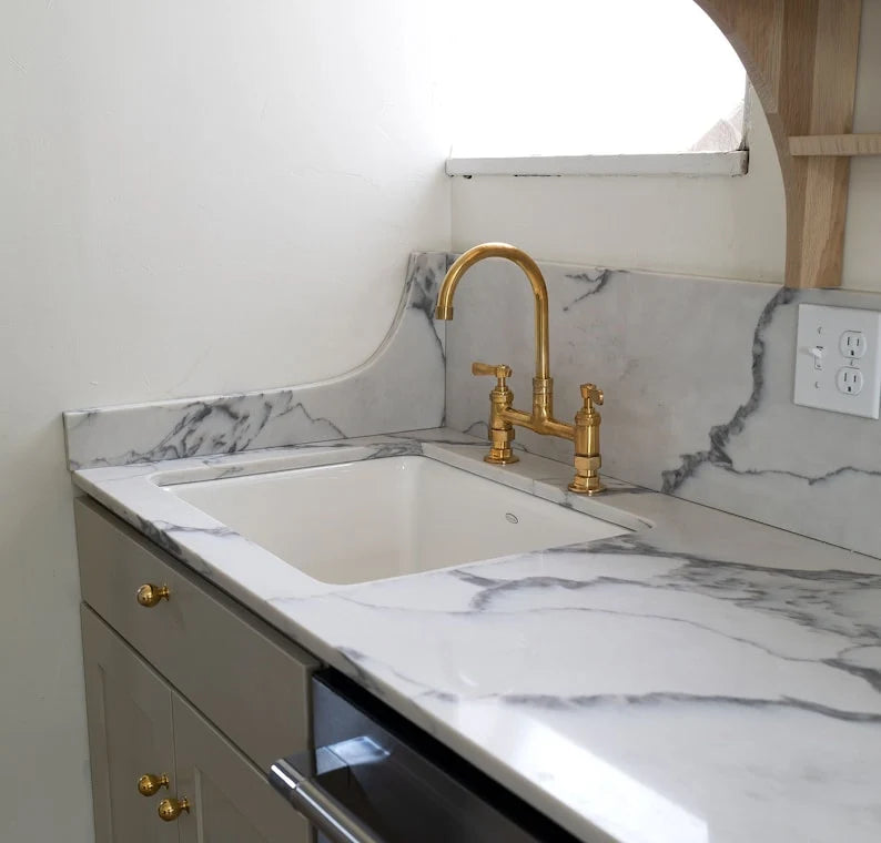 Unlacquered Brass Bridge Kitchen Faucet – Compact 12.5", 8" Spread
