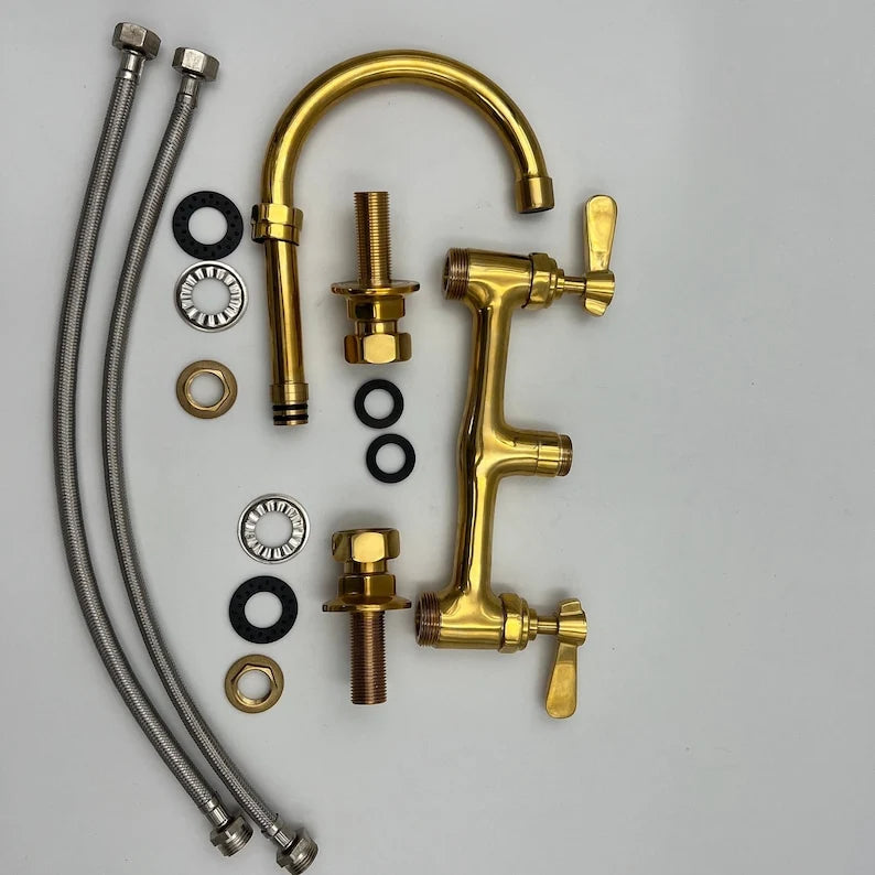 Unlacquered Brass Bridge Kitchen Faucet – Compact 12.5", 8" Spread