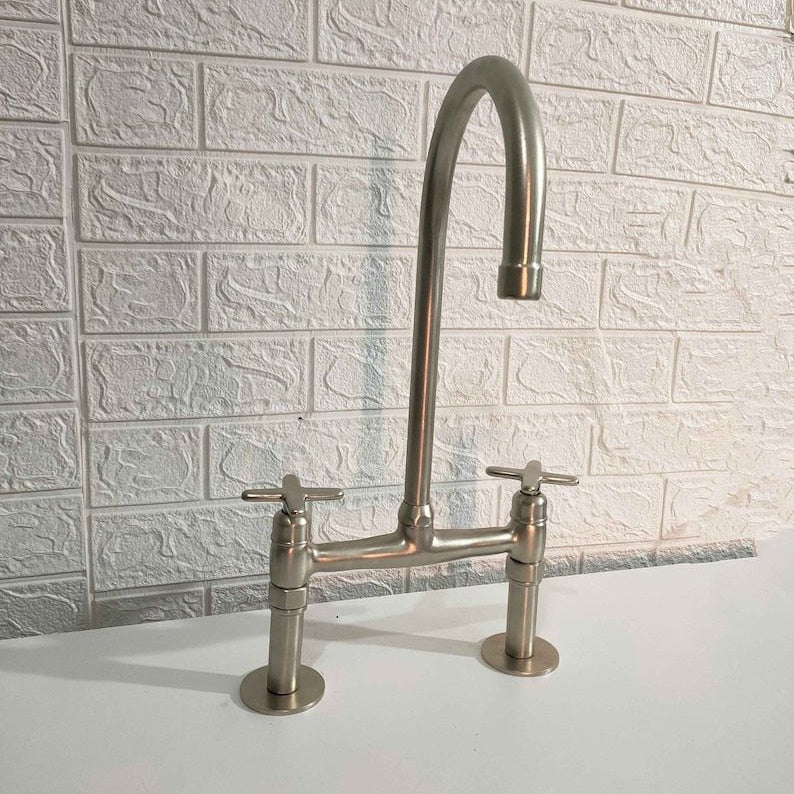 Matte Nickel Kitchen Faucet – Solid Brass Bridge Design, 2-Hole, 18” Tall - The House Of Brass